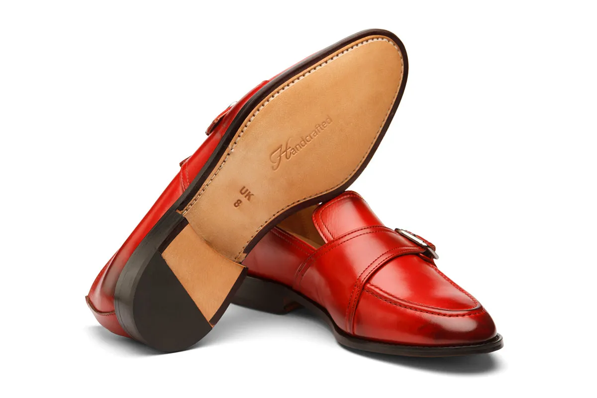 SLIP ON WITH ORNAMENTAL STRAP AND BUCKLE- RED