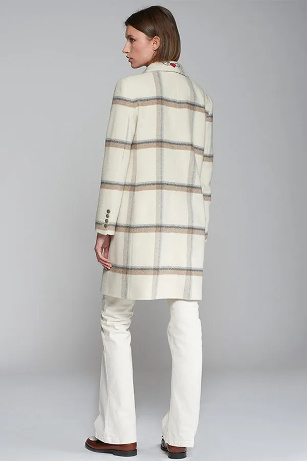 Vilagallo EMBROIDERY ECRU CHECKERED WOOL COAT