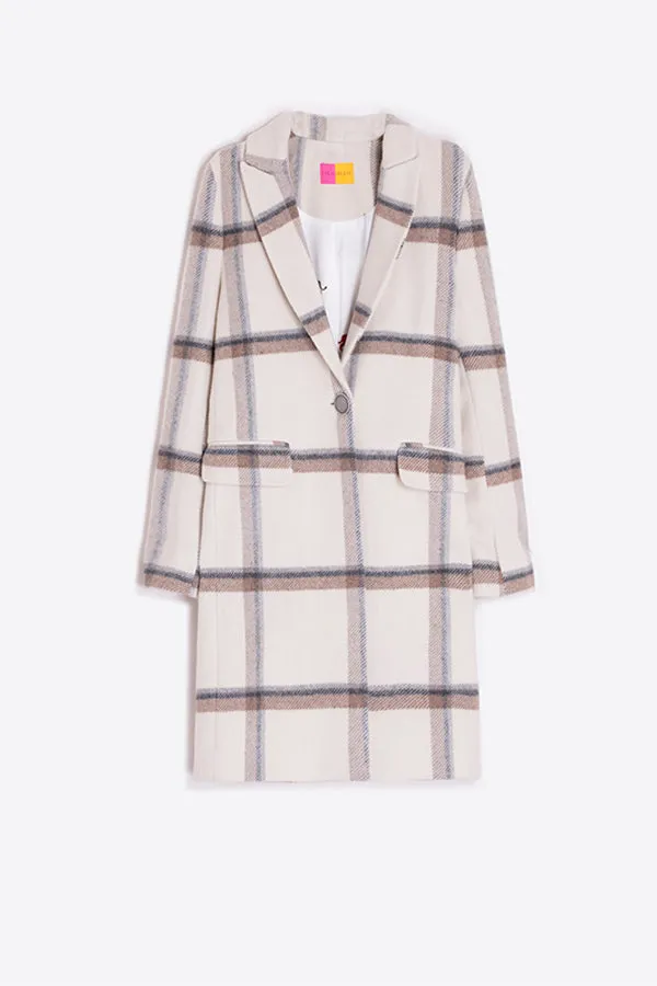 Vilagallo EMBROIDERY ECRU CHECKERED WOOL COAT