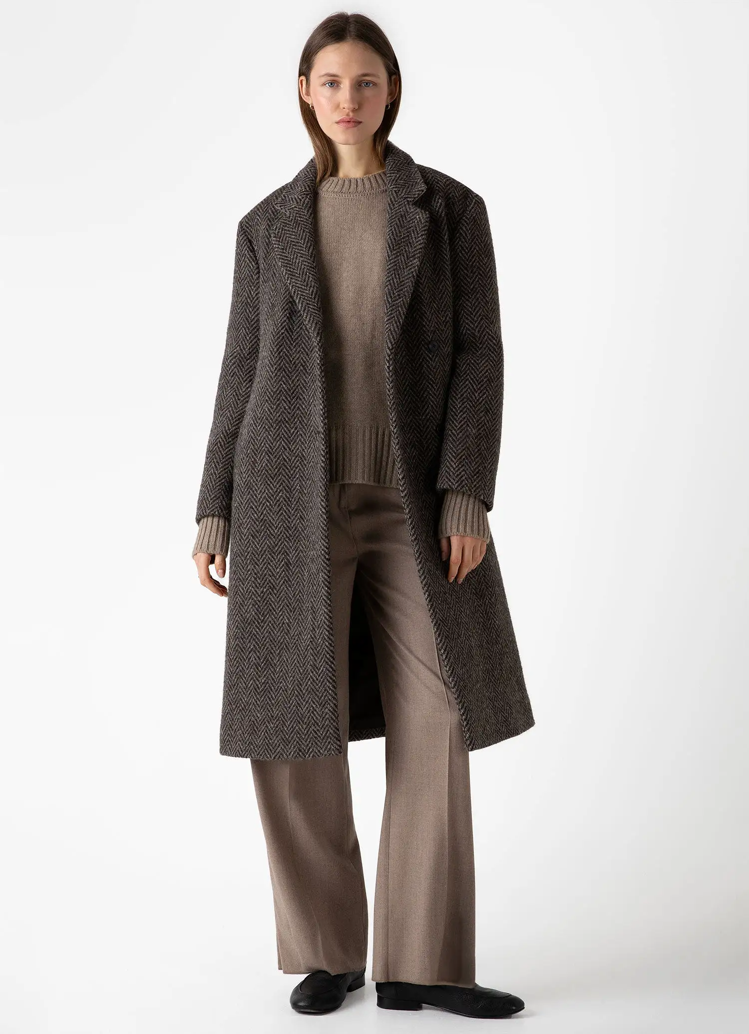 Women's British Wool Coat in Brown Herringbone