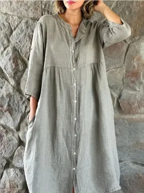 Women's Casual Cotton Linen Shirt Dress M B-80248