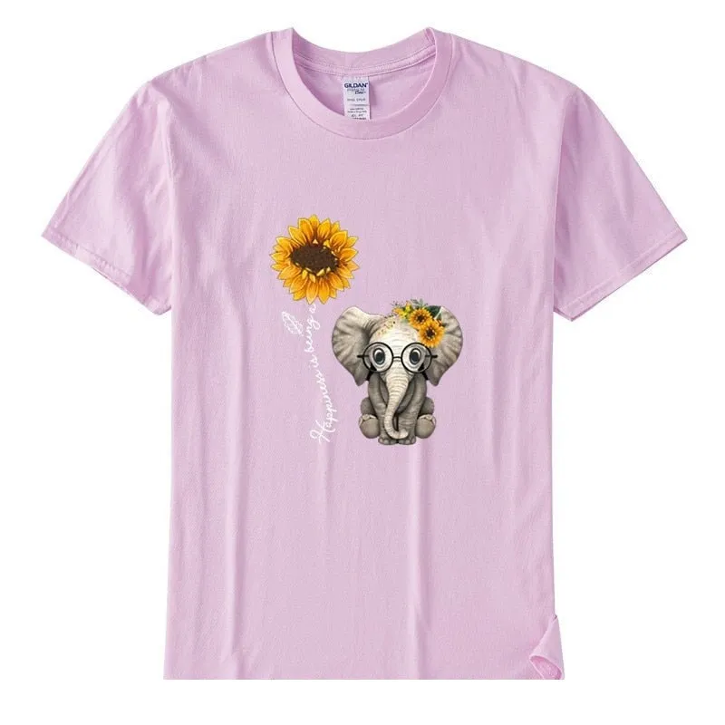 Women's Casual Elephant Sunflower Printed Short Sleeve Cotton T-shirts