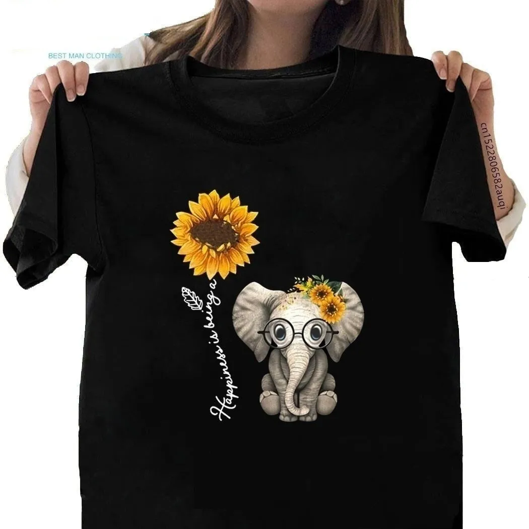 Women's Casual Elephant Sunflower Printed Short Sleeve Cotton T-shirts