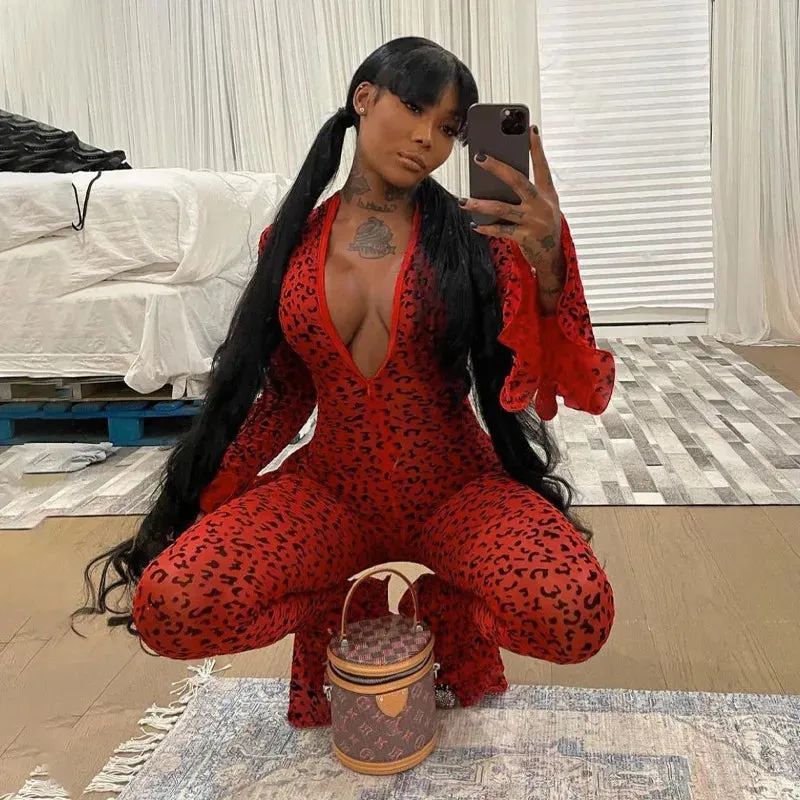 Women's Casual Leopard Print Long Sleeve Ruffles Clubwear Skinny Jumpsuit