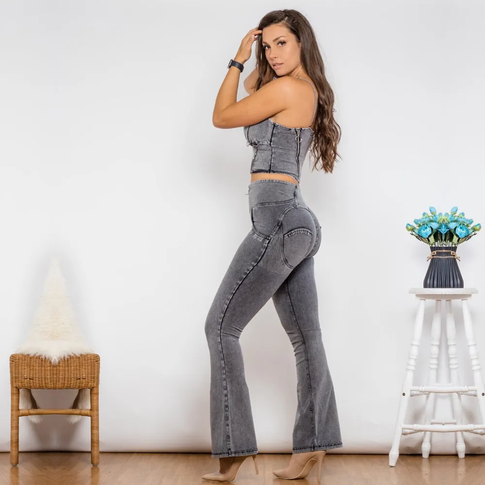 Women's Gray Zipper Top High Waist Push Up Flare Jeans Yoga Outfit Set